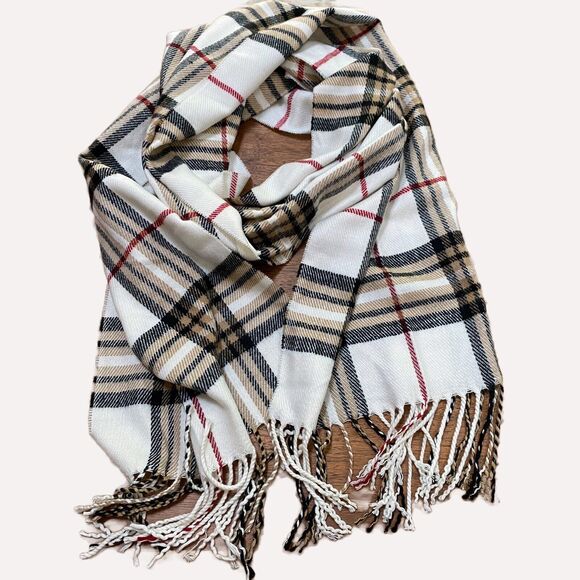 Unisex Scarf Warm Cashmere Feel Italian Design Tan Black & Cream Plaid w/ Fringe - Picture 2 of 5